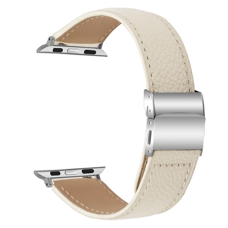 For Apple Watch 42mm / 41mm / 40mm / 38mm Lychee Texture Silver Turtle Back Buckle Leather Watch Band(Creamy White) - free shipping - PMC TechLife - Order now!