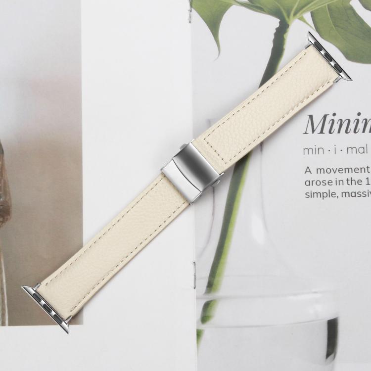 For Apple Watch 42mm / 41mm / 40mm / 38mm Lychee Texture Silver Turtle Back Buckle Leather Watch Band(Creamy White) - free shipping - PMC TechLife - Order now!