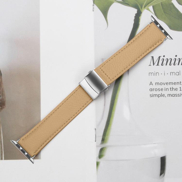 For Apple Watch 42mm / 41mm / 40mm / 38mm Lychee Texture Silver Turtle Back Buckle Leather Watch Band(Camel) - free shipping - PMC TechLife - Order now!