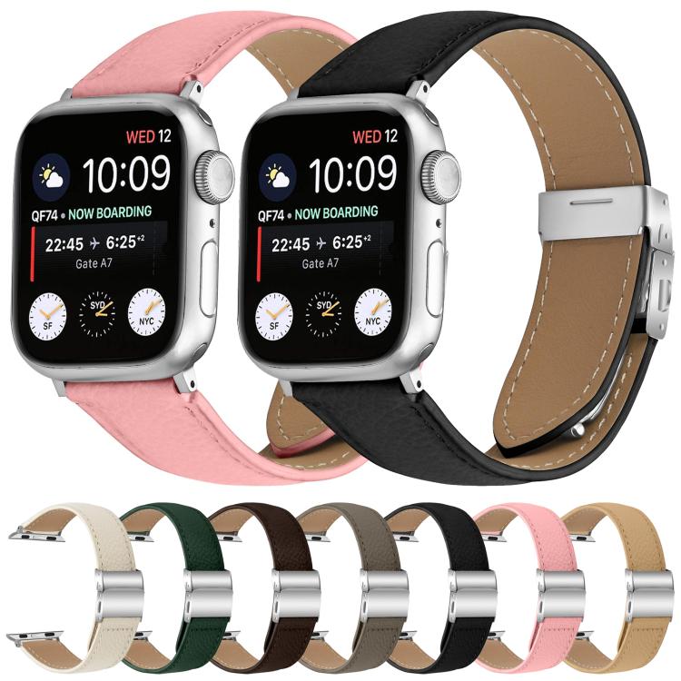 For Apple Watch 46mm / 49mm / 45mm / 44mm Lychee Texture Silver Turtle Back Buckle Leather Watch Band(Black) - free shipping - PMC TechLife - Order now!