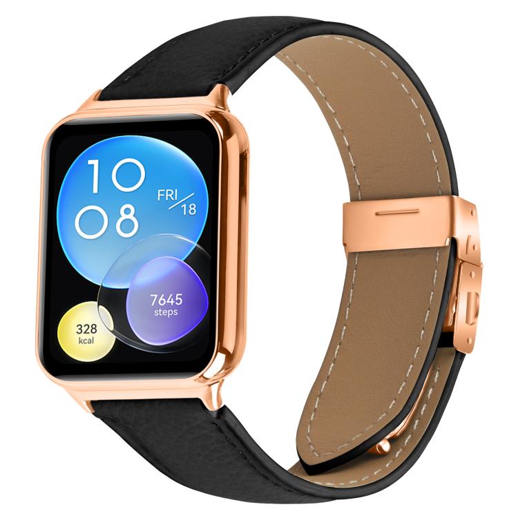 For Xiaomi Smart Bnad 9 Pro / Redmi Watch 5 Lychee Texture Rose Gold Turtle Back Buckle Leather Watch Band(Black) - free shipping - PMC TechLife - Order now!