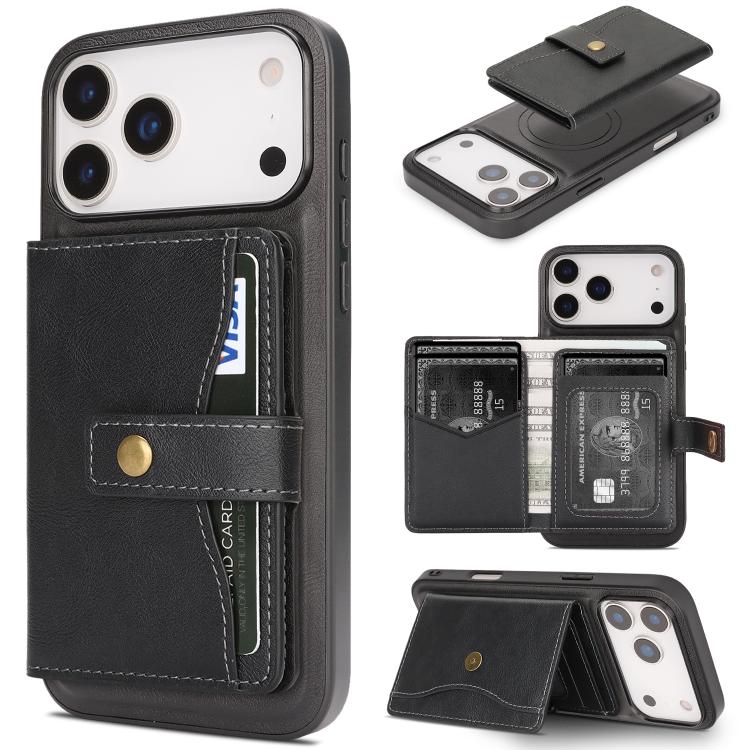 For iPhone 17 Pro Max Kalebol Magnetic Button Card Bag MagSafe Ring Leather Phone Case(Black) - iPhone 17 Pro Max Cases by Kalebol | Online Shopping South Africa | PMC TechLife | Buy Now Pay Later Mobicred