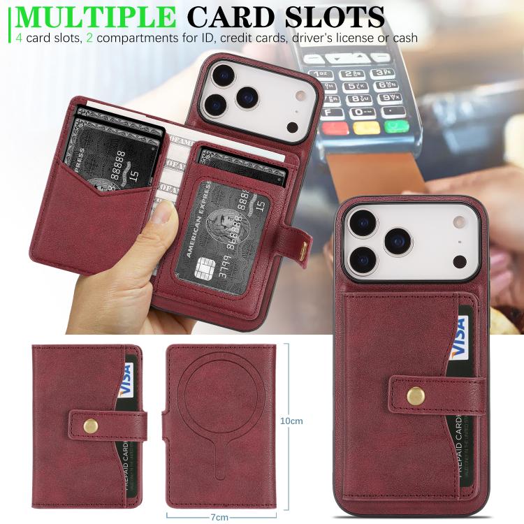 For iPhone 17 Pro Kalebol Magnetic Button Card Bag MagSafe Ring Leather Phone Case(Red) - iPhone 17 Pro Cases by Kalebol | Online Shopping South Africa | PMC TechLife | Buy Now Pay Later Mobicred