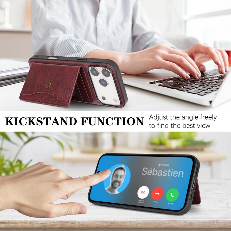 For iPhone 17 Pro Kalebol Magnetic Button Card Bag MagSafe Ring Leather Phone Case(Red) - iPhone 17 Pro Cases by Kalebol | Online Shopping South Africa | PMC TechLife | Buy Now Pay Later Mobicred