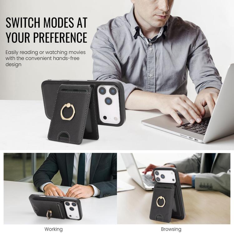 For iPhone 17 Pro Max Kalebol Strong MagSafe Ring Magnetic Card Bag Holder Leather Phone Case(Black) - iPhone 17 Pro Max Cases by Kalebol | Online Shopping South Africa | PMC TechLife | Buy Now Pay Later Mobicred