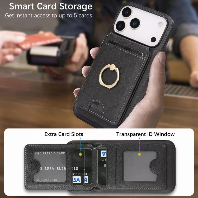 For iPhone 17 Pro Max Kalebol Strong MagSafe Ring Magnetic Card Bag Holder Leather Phone Case(Black) - iPhone 17 Pro Max Cases by Kalebol | Online Shopping South Africa | PMC TechLife | Buy Now Pay Later Mobicred