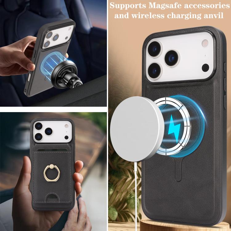 For iPhone 17 Pro Max Kalebol Strong MagSafe Ring Magnetic Card Bag Holder Leather Phone Case(Black) - iPhone 17 Pro Max Cases by Kalebol | Online Shopping South Africa | PMC TechLife | Buy Now Pay Later Mobicred