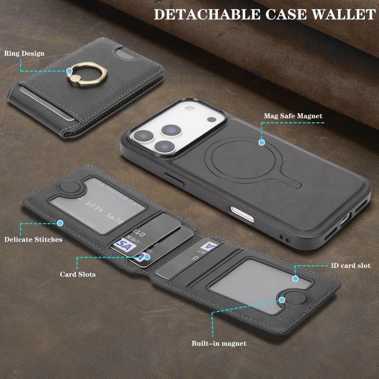 For iPhone 17 Pro Max Kalebol Strong MagSafe Ring Magnetic Card Bag Holder Leather Phone Case(Black) - iPhone 17 Pro Max Cases by Kalebol | Online Shopping South Africa | PMC TechLife | Buy Now Pay Later Mobicred