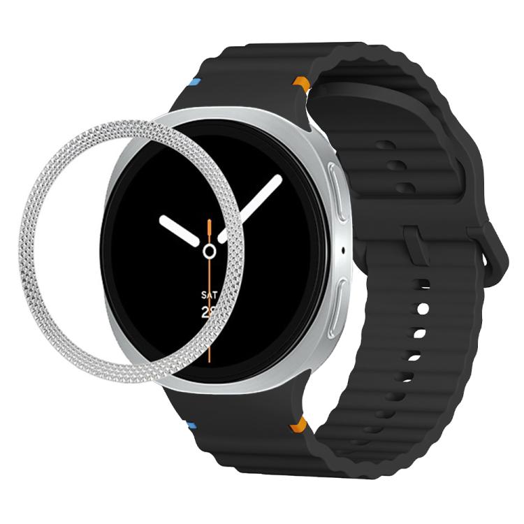 For Samsung Galaxy Watch8 40mm Rhombic Texture Bezel and Wavy Grain Stitched Color Buckle Silicone Watch Band(Black Silver) - free shipping - PMC TechLife - Order now!