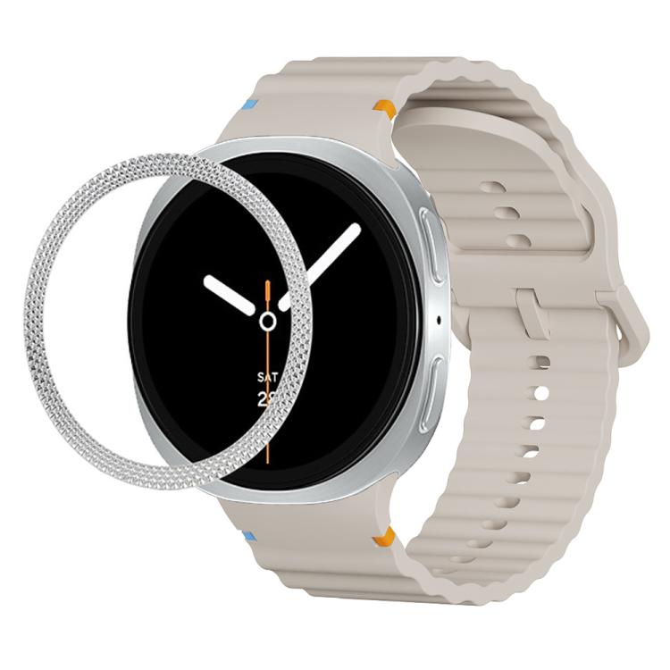 For Samsung Galaxy Watch8 44mm Rhombic Texture Bezel and Wavy Grain Stitched Color Buckle Silicone Watch Band(Starlight Silver) - free shipping - PMC TechLife - Order now!