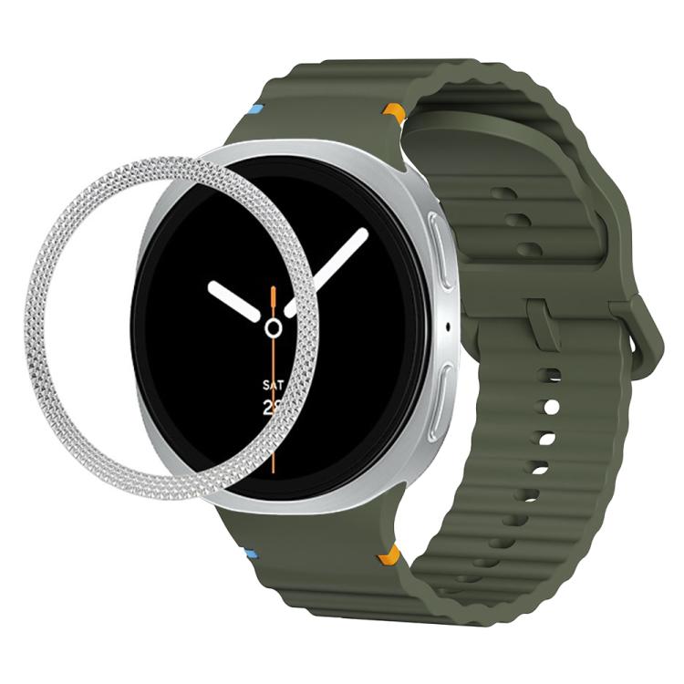 For Samsung Galaxy Watch8 44mm Rhombic Texture Bezel and Wavy Grain Stitched Color Buckle Silicone Watch Band(Army Green Silver) - free shipping - PMC TechLife - Order now!