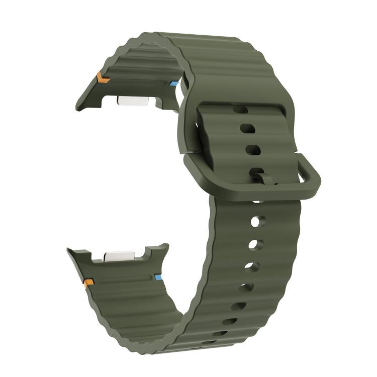 For Samsung Galaxy Watch8 44mm Rhombic Texture Bezel and Wavy Grain Stitched Color Buckle Silicone Watch Band(Army Green Silver) - free shipping - PMC TechLife - Order now!