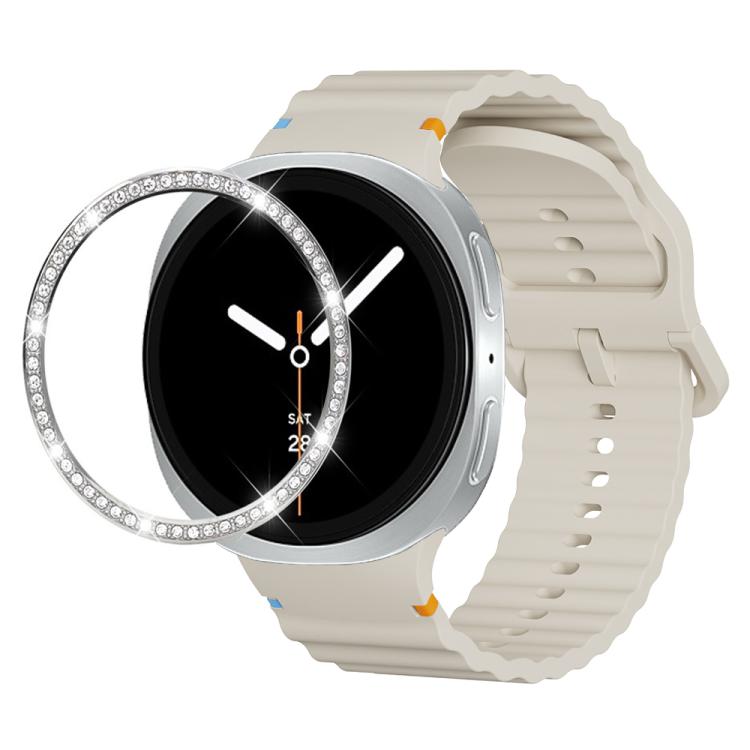 For Samsung Galaxy Watch8 44mm Diamond Bezel and Wavy Grain Stitched Color Buckle Silicone Watch Band(Beige Silver) - free shipping - PMC TechLife - Order now!