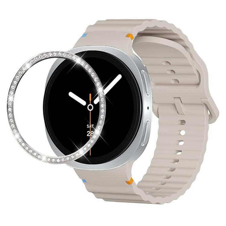 For Samsung Galaxy Watch8 44mm Diamond Bezel and Wavy Grain Stitched Color Buckle Silicone Watch Band(Starlight Silver) - free shipping - PMC TechLife - Order now!