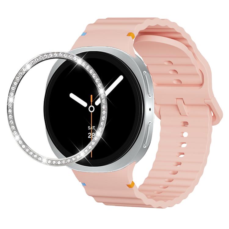 For Samsung Galaxy Watch8 44mm Diamond Bezel and Wavy Grain Stitched Color Buckle Silicone Watch Band(Pink Silver) - free shipping - PMC TechLife - Order now!