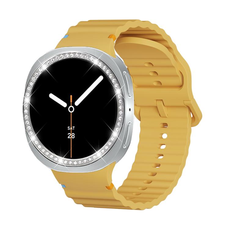For Samsung Galaxy Watch8 44mm Diamond Bezel and Wavy Grain Stitched Color Buckle Silicone Watch Band(Yellow Silver) - free shipping - PMC TechLife - Order now!