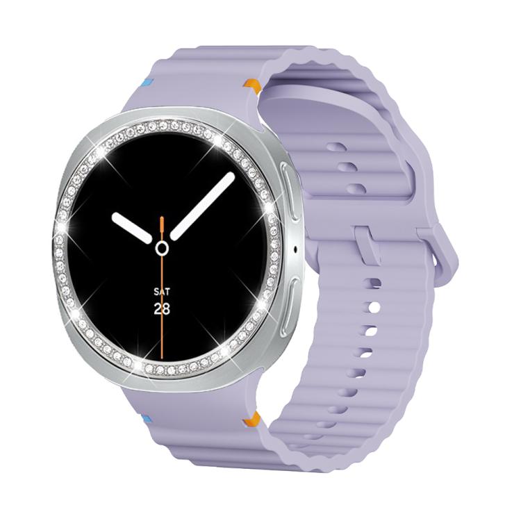 For Samsung Galaxy Watch8 44mm Diamond Bezel and Wavy Grain Stitched Color Buckle Silicone Watch Band(Purple Silver) - free shipping - PMC TechLife - Order now!