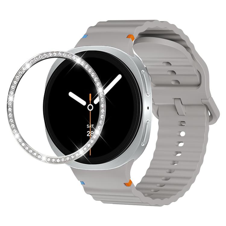 For Samsung Galaxy Watch8 44mm Diamond Bezel and Wavy Grain Stitched Color Buckle Silicone Watch Band(Gray Silver) - free shipping - PMC TechLife - Order now!
