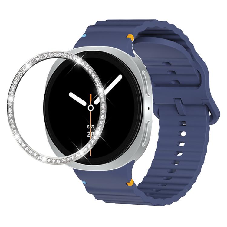 For Samsung Galaxy Watch8 44mm Diamond Bezel and Wavy Grain Stitched Color Buckle Silicone Watch Band(Midnight Blue Silver) - free shipping - PMC TechLife - Order now!