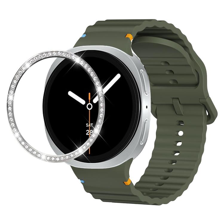 For Samsung Galaxy Watch8 44mm Diamond Bezel and Wavy Grain Stitched Color Buckle Silicone Watch Band(Army Green Silver) - free shipping - PMC TechLife - Order now!