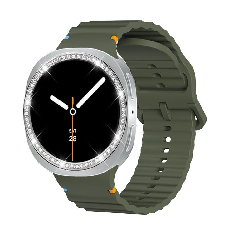 For Samsung Galaxy Watch8 44mm Diamond Bezel and Wavy Grain Stitched Color Buckle Silicone Watch Band(Army Green Silver) - free shipping - PMC TechLife - Order now!