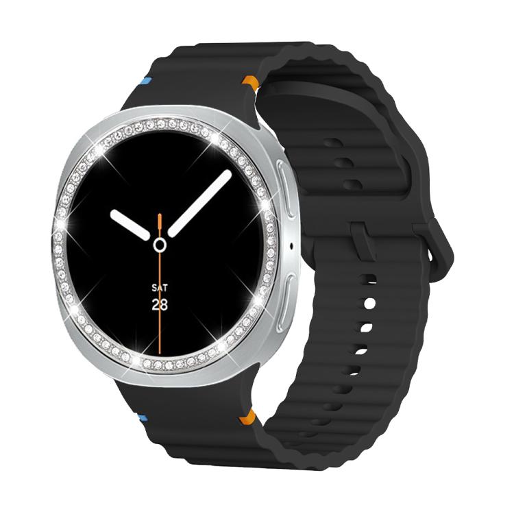 For Samsung Galaxy Watch8 44mm Diamond Bezel and Wavy Grain Stitched Color Buckle Silicone Watch Band(Black Silver) - free shipping - PMC TechLife - Order now!