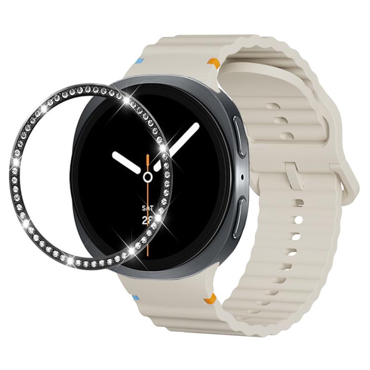 For Samsung Galaxy Watch8 44mm Diamond Bezel and Wavy Grain Stitched Color Buckle Silicone Watch Band(Beige Black) - free shipping - PMC TechLife - Order now!