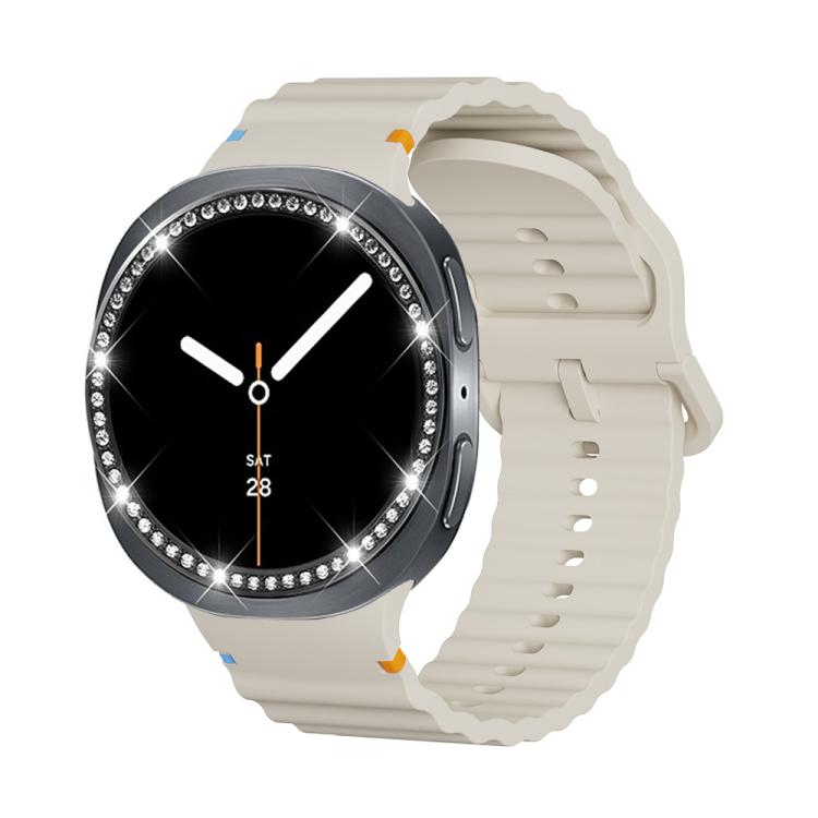 For Samsung Galaxy Watch8 44mm Diamond Bezel and Wavy Grain Stitched Color Buckle Silicone Watch Band(Beige Black) - free shipping - PMC TechLife - Order now!