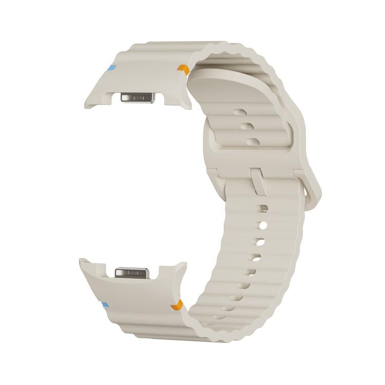 For Samsung Galaxy Watch8 44mm Diamond Bezel and Wavy Grain Stitched Color Buckle Silicone Watch Band(Beige Black) - free shipping - PMC TechLife - Order now!