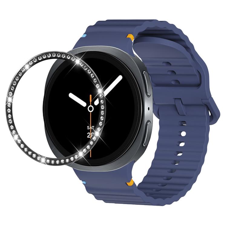 For Samsung Galaxy Watch8 44mm Diamond Bezel and Wavy Grain Stitched Color Buckle Silicone Watch Band(Midnight Blue Black) - free shipping - PMC TechLife - Order now!