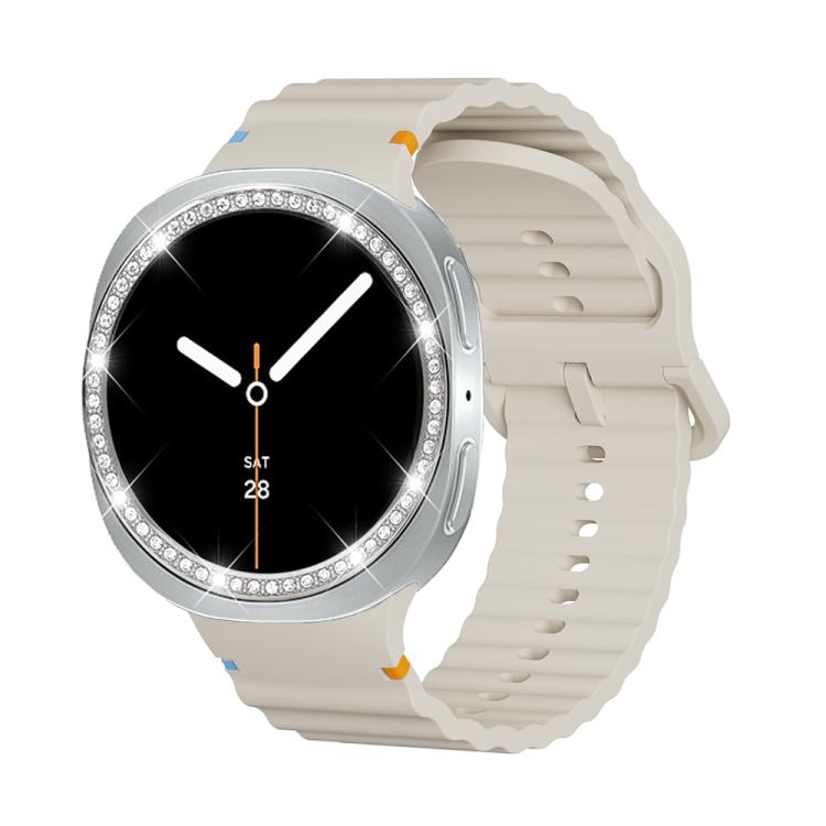 For Samsung Galaxy Watch8 40mm Diamond Bezel and Wavy Grain Stitched Color Buckle Silicone Watch Band(Beige Silver) - free shipping - PMC TechLife - Order now!