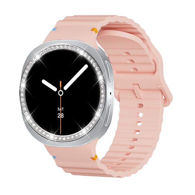 For Samsung Galaxy Watch8 40mm Diamond Bezel and Wavy Grain Stitched Color Buckle Silicone Watch Band(Pink Silver) - free shipping - PMC TechLife - Order now!
