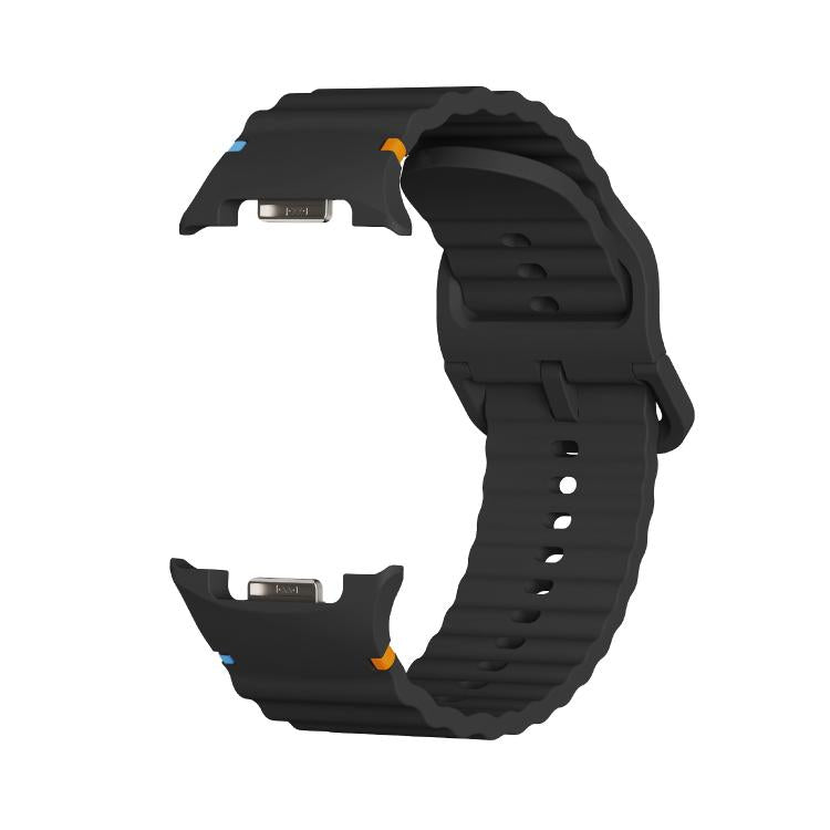 For Samsung Galaxy Watch8 40mm Diamond Bezel and Wavy Grain Stitched Color Buckle Silicone Watch Band(Black Silver) - free shipping - PMC TechLife - Order now!