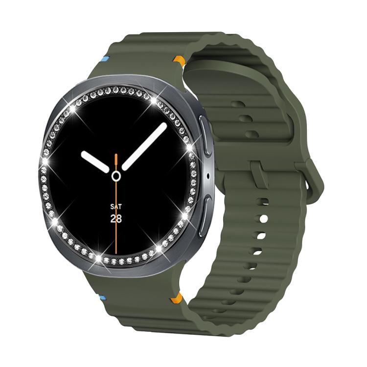 For Samsung Galaxy Watch8 40mm Diamond Bezel and Wavy Grain Stitched Color Buckle Silicone Watch Band(Army Green Black) - free shipping - PMC TechLife - Order now!