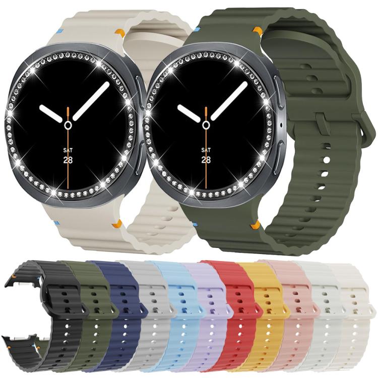 For Samsung Galaxy Watch8 44mm Diamond Bezel and Wavy Grain Stitched Color Buckle Silicone Watch Band(Army Green Black) - free shipping - PMC TechLife - Order now!