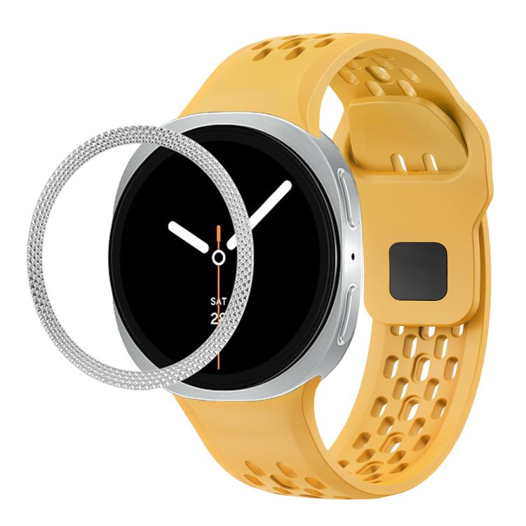 For Samsung Galaxy Watch8 44mm Rhombic Texture Bezel and Black Reverse Buckle Silicone Watch Band(Yellow Silver) - free shipping - PMC TechLife - Order now!