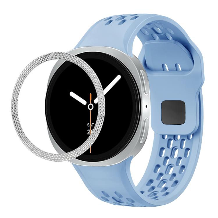 For Samsung Galaxy Watch8 44mm Rhombic Texture Bezel and Black Reverse Buckle Silicone Watch Band(Light Blue Silver) - free shipping - PMC TechLife - Order now!