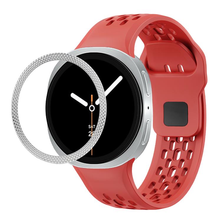 For Samsung Galaxy Watch8 40mm Rhombic Texture Bezel and Black Reverse Buckle Silicone Watch Band(Red Silver) - free shipping - PMC TechLife - Order now!