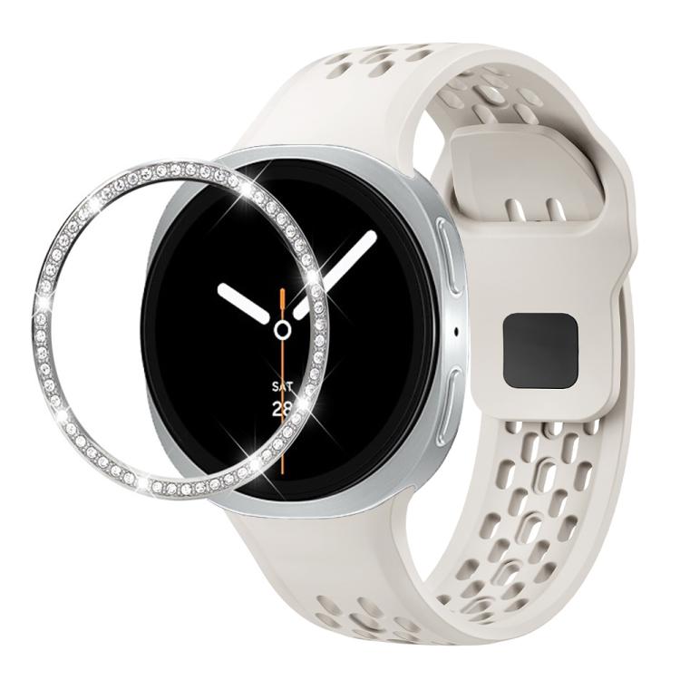 For Samsung Galaxy Watch8 44mm Diamond Bezel and Black Reverse Buckle Silicone Watch Band(Beige Silver) - free shipping - PMC TechLife - Order now!