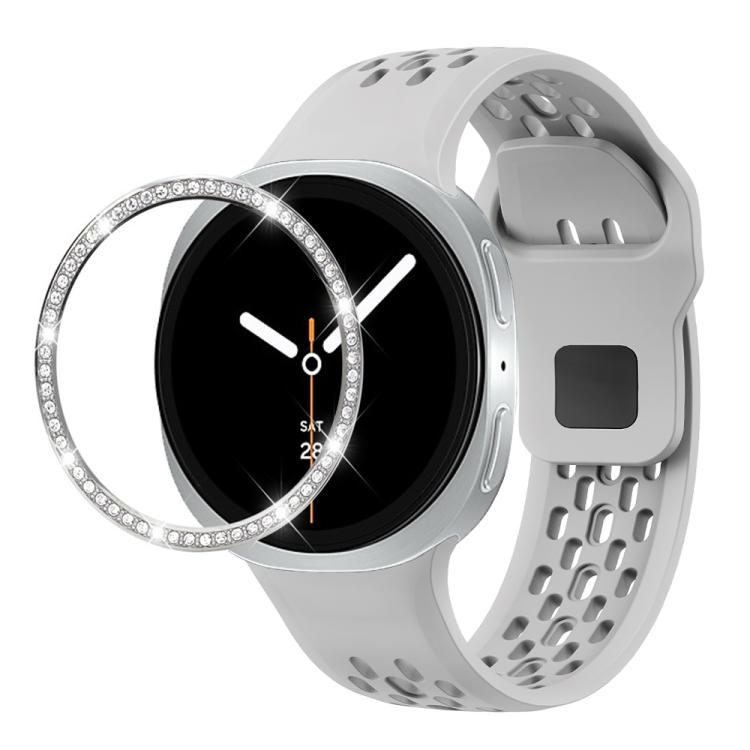 For Samsung Galaxy Watch8 44mm Diamond Bezel and Black Reverse Buckle Silicone Watch Band(Gray Silver) - free shipping - PMC TechLife - Order now!