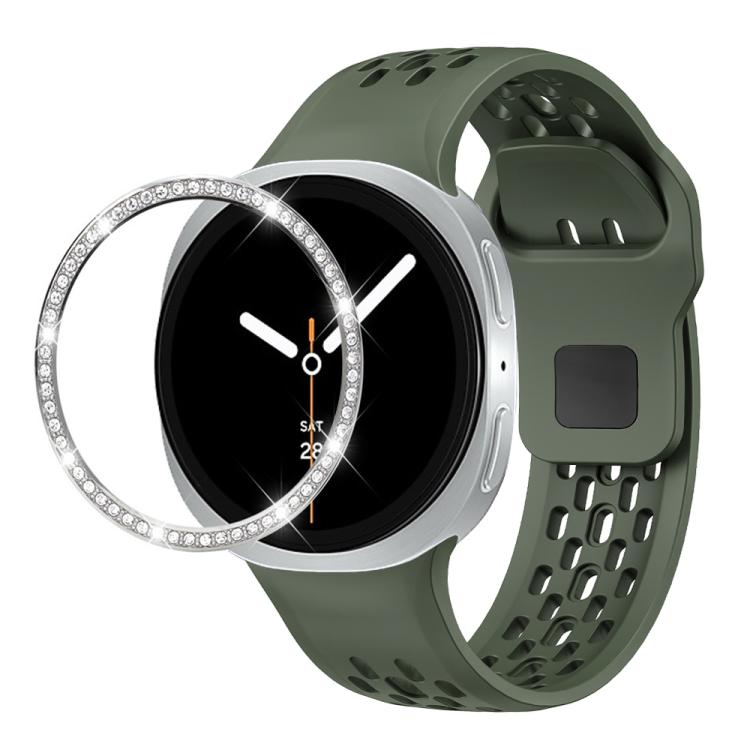 For Samsung Galaxy Watch8 44mm Diamond Bezel and Black Reverse Buckle Silicone Watch Band(Army Green Silver) - free shipping - PMC TechLife - Order now!