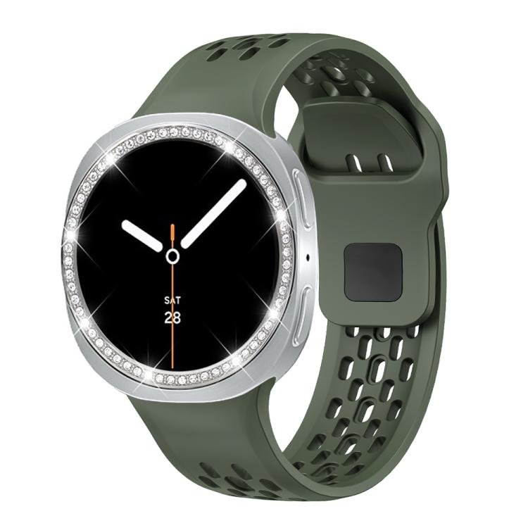 For Samsung Galaxy Watch8 44mm Diamond Bezel and Black Reverse Buckle Silicone Watch Band(Army Green Silver) - free shipping - PMC TechLife - Order now!
