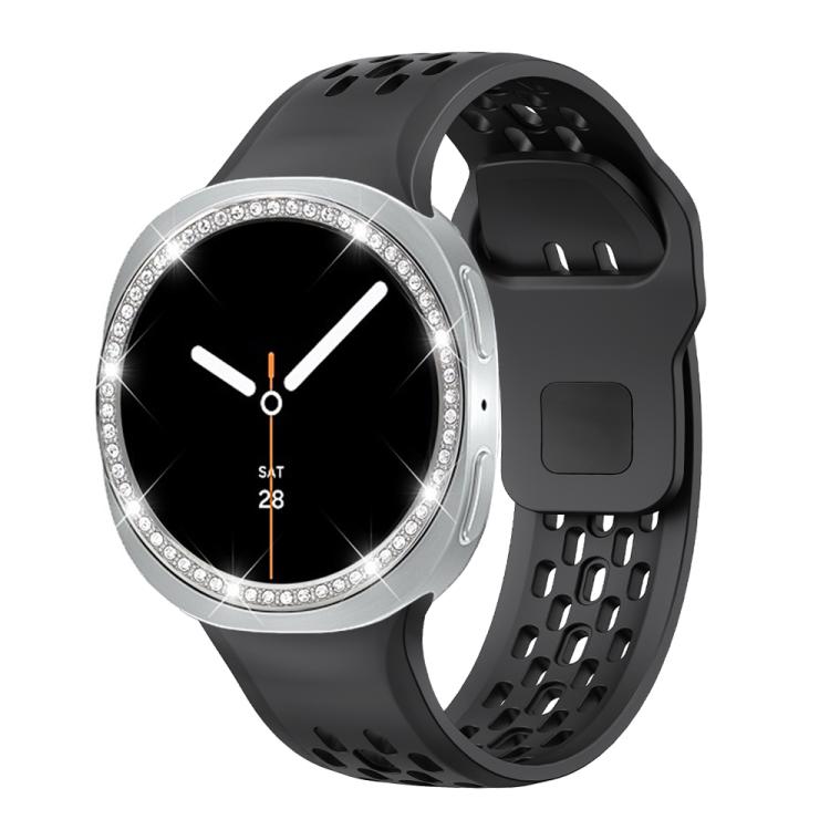 For Samsung Galaxy Watch8 44mm Diamond Bezel and Black Reverse Buckle Silicone Watch Band(Black Silver) - free shipping - PMC TechLife - Order now!