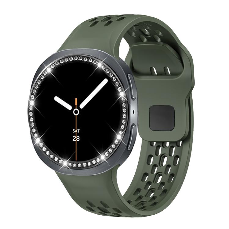 For Samsung Galaxy Watch8 44mm Diamond Bezel and Black Reverse Buckle Silicone Watch Band(Army Green Black) - free shipping - PMC TechLife - Order now!