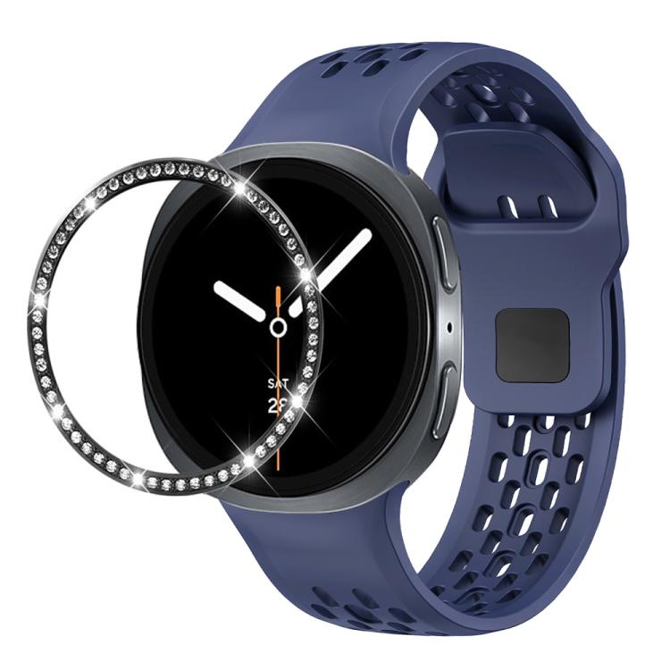 For Samsung Galaxy Watch8 44mm Diamond Bezel and Black Reverse Buckle Silicone Watch Band(Midnight Blue Black) - free shipping - PMC TechLife - Order now!