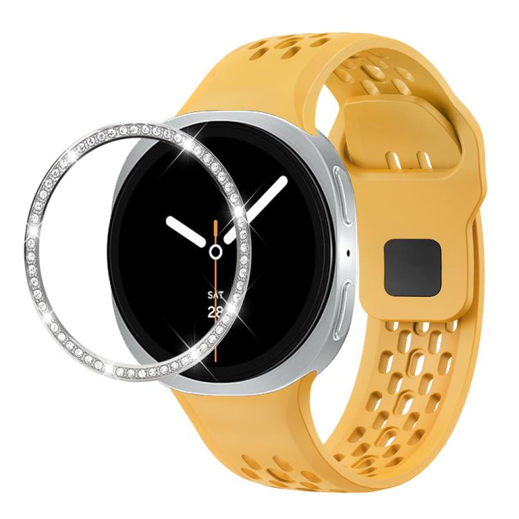 For Samsung Galaxy Watch8 40mm Diamond Bezel and Black Reverse Buckle Silicone Watch Band(Yellow Silver) - free shipping - PMC TechLife - Order now!