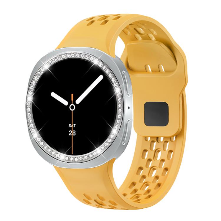 For Samsung Galaxy Watch8 40mm Diamond Bezel and Black Reverse Buckle Silicone Watch Band(Yellow Silver) - free shipping - PMC TechLife - Order now!