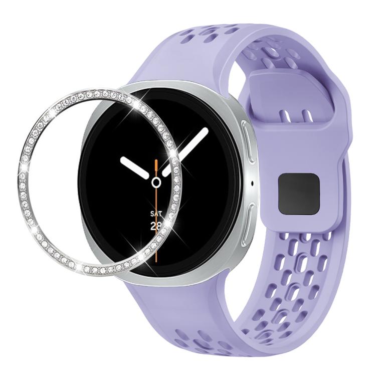 For Samsung Galaxy Watch8 40mm Diamond Bezel and Black Reverse Buckle Silicone Watch Band(Purple Silver) - free shipping - PMC TechLife - Order now!