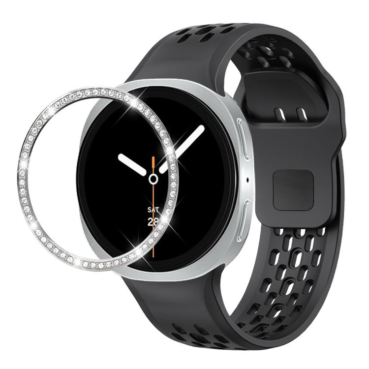 For Samsung Galaxy Watch8 40mm Diamond Bezel and Black Reverse Buckle Silicone Watch Band(Black Silver) - free shipping - PMC TechLife - Order now!
