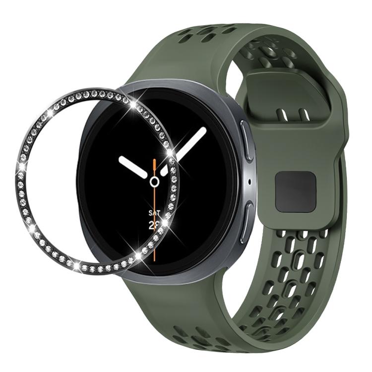 For Samsung Galaxy Watch8 40mm Diamond Bezel and Black Reverse Buckle Silicone Watch Band(Army Green Black) - free shipping - PMC TechLife - Order now!